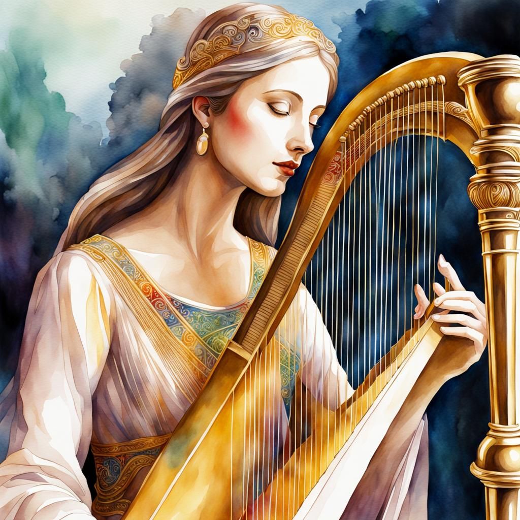 Watercolor Portrait of Harpist Playing Golden Harp