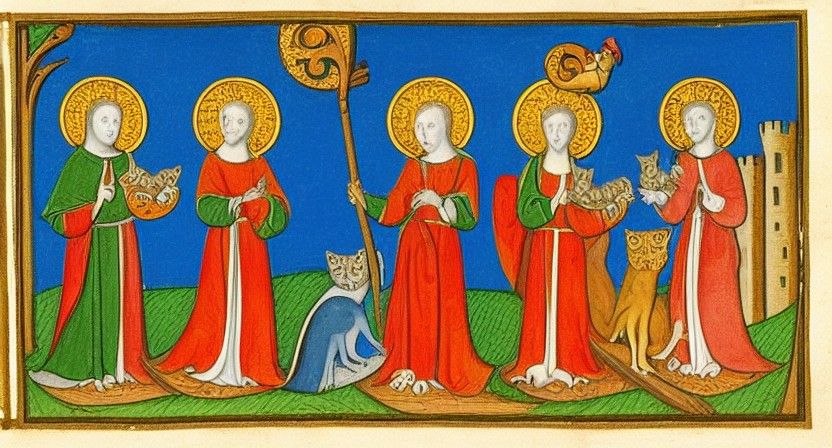 Manuscript illumination of Medieval saints feeding cats