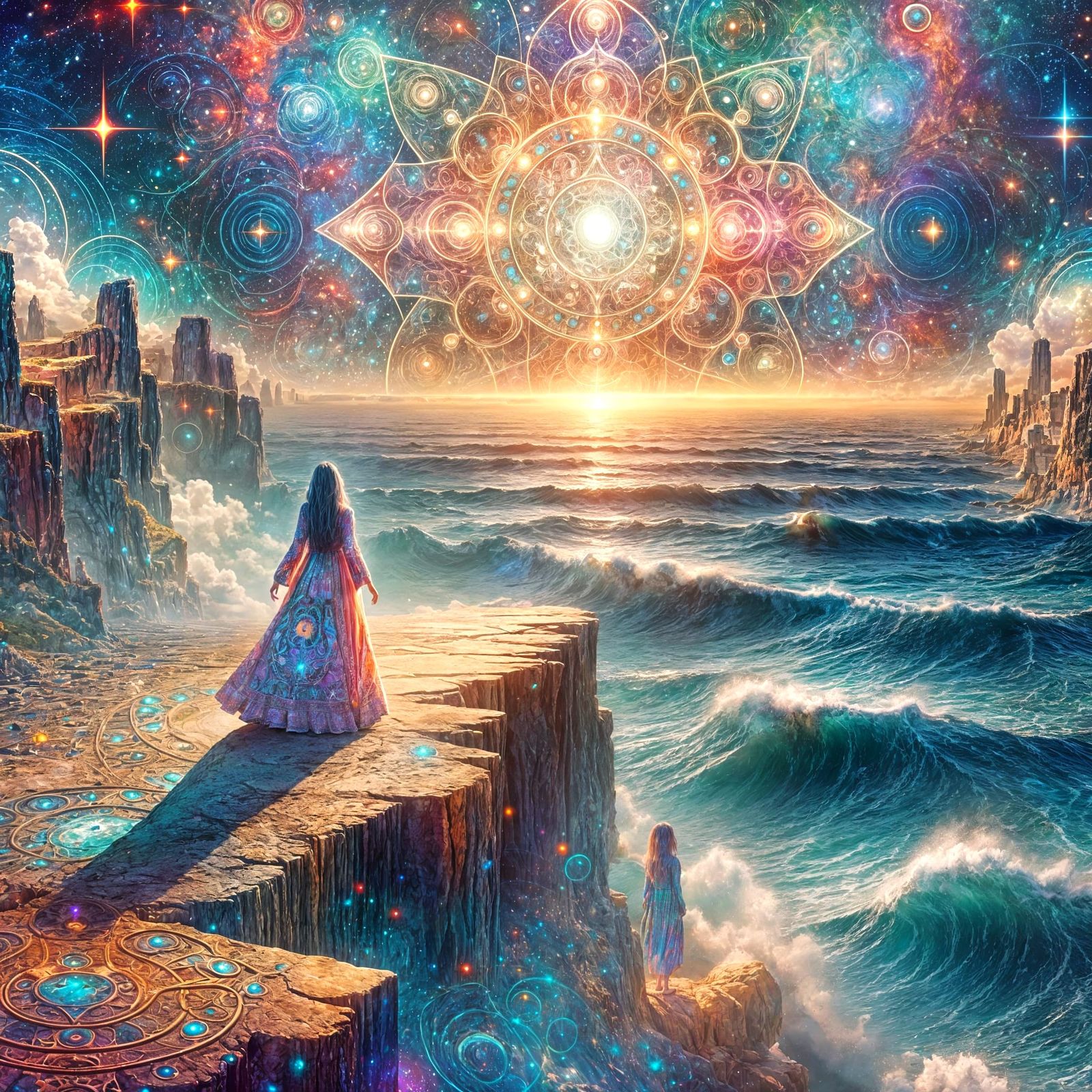 Woman on Cliff: Holographic Astral Cosmic Illustration