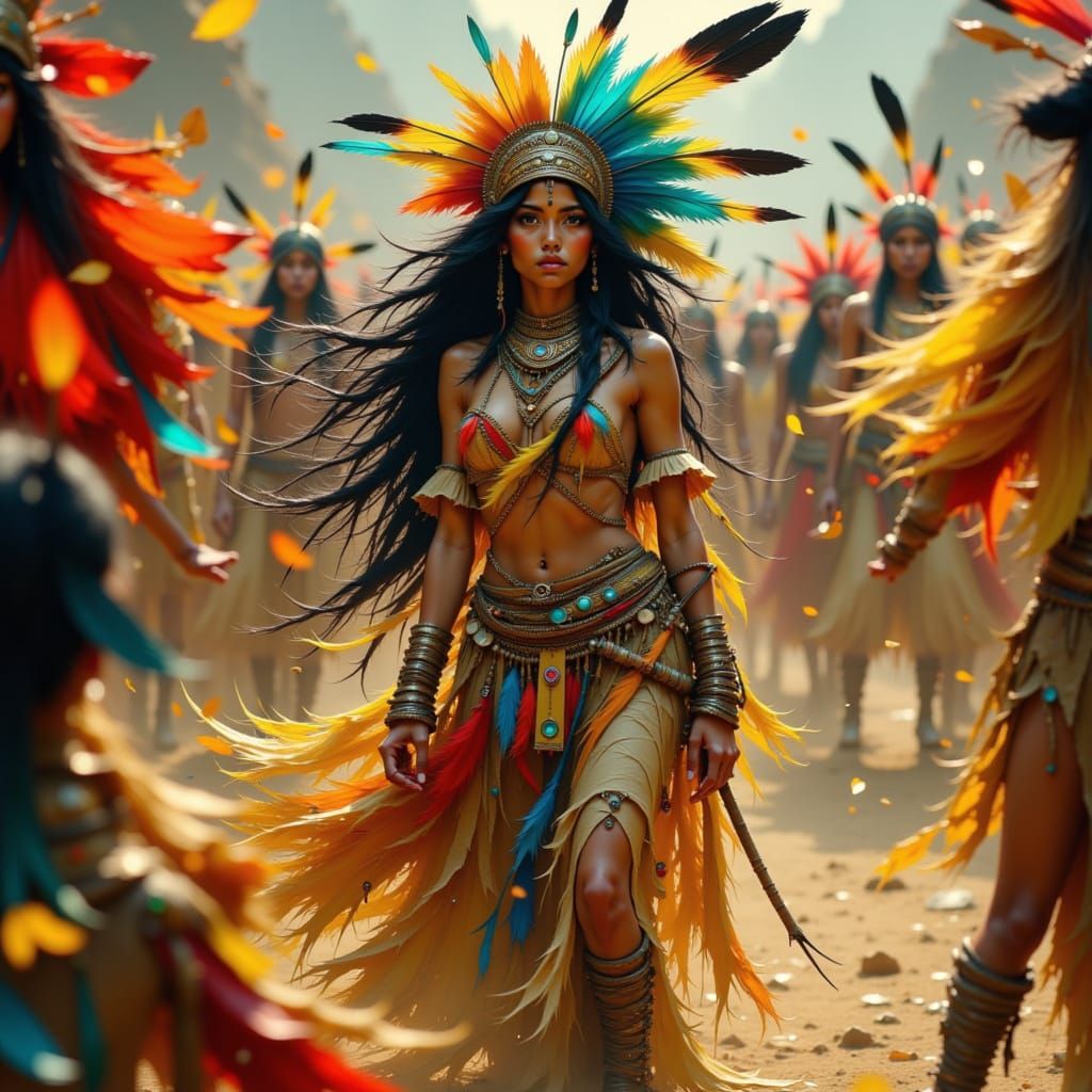 Native American Dancer Performing Sun Dance in Western Art S...