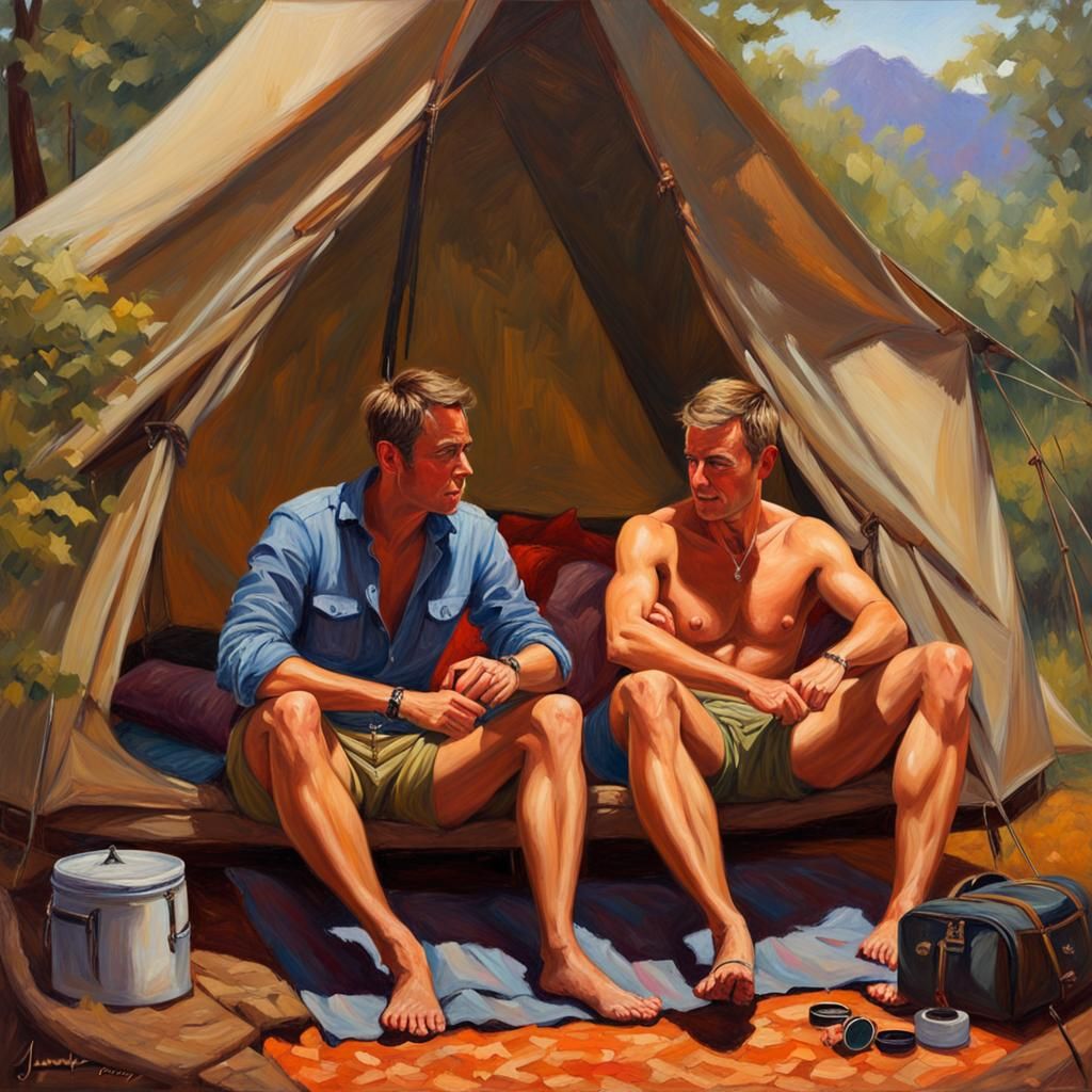 Romantic Gay Couple Glamping, Oil Painting Style