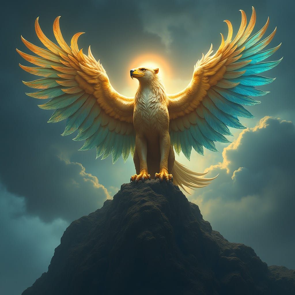 Golden Lion-Eagle Hybrid Soars amidst Stormy Skies with Radi...