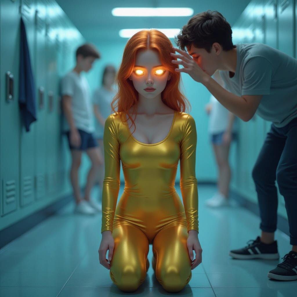 Redhead in Spandex: Hypnotic Locker Room Scene
