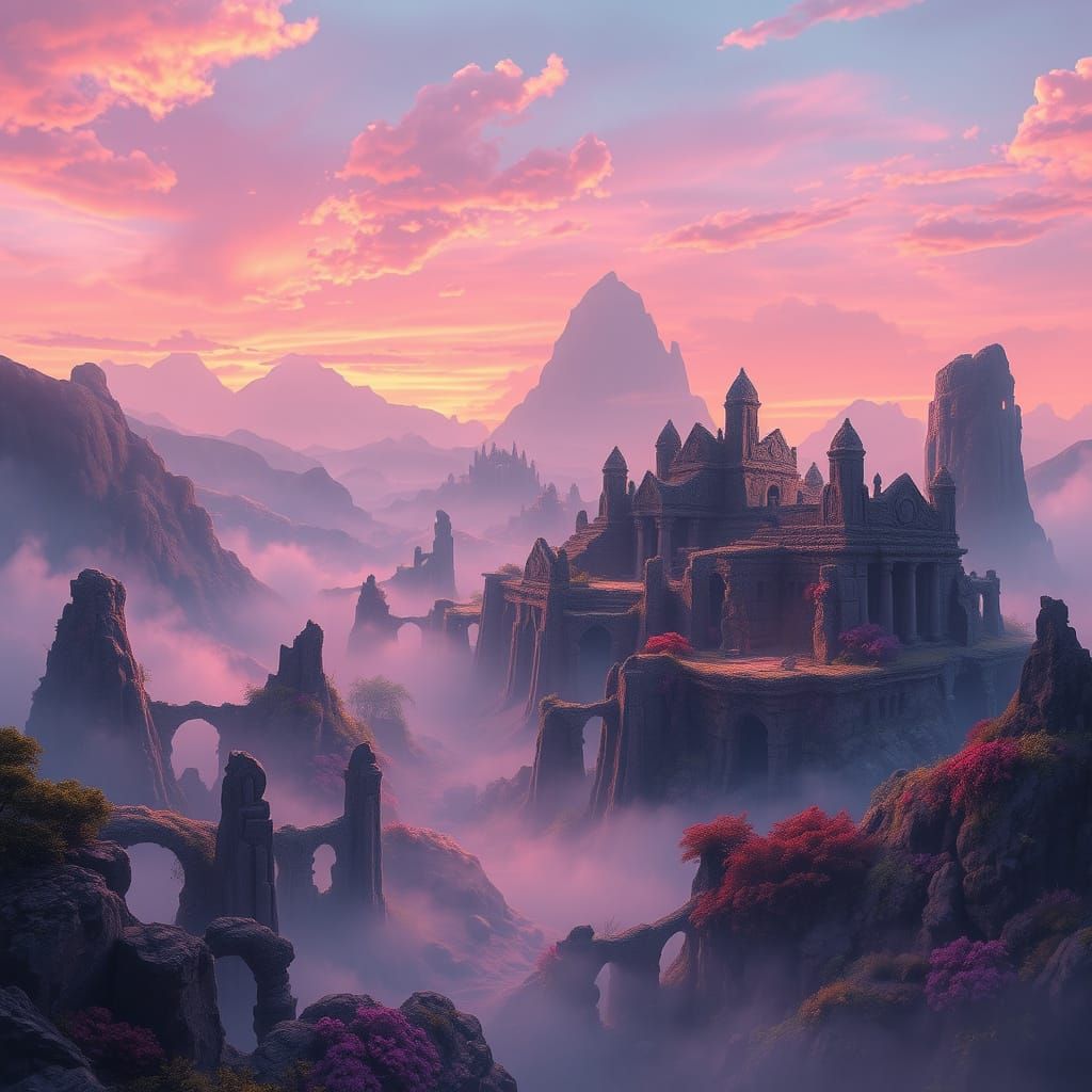 Dreamscapes of Ancient Ruins in Vibrant, Gradient Skies