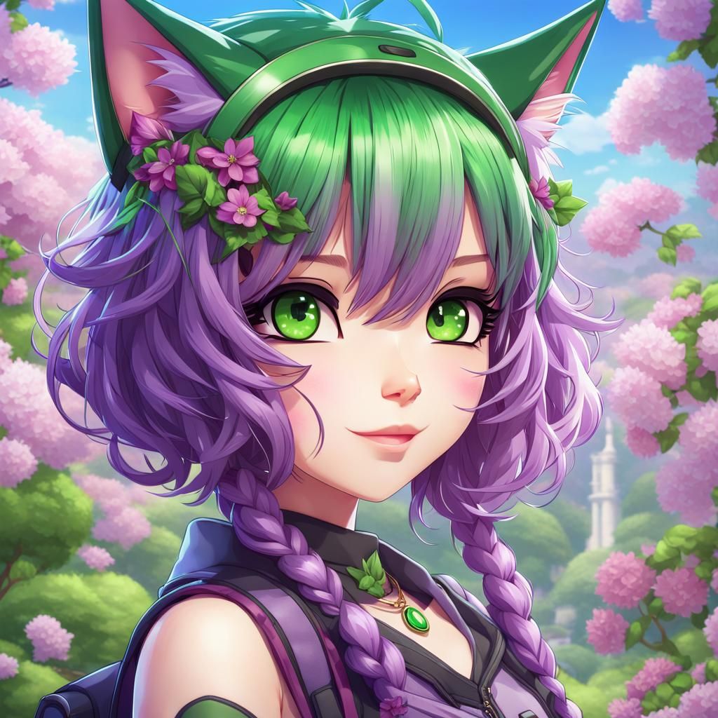 Kawaii Neko Girl with Purple Hair in 4K