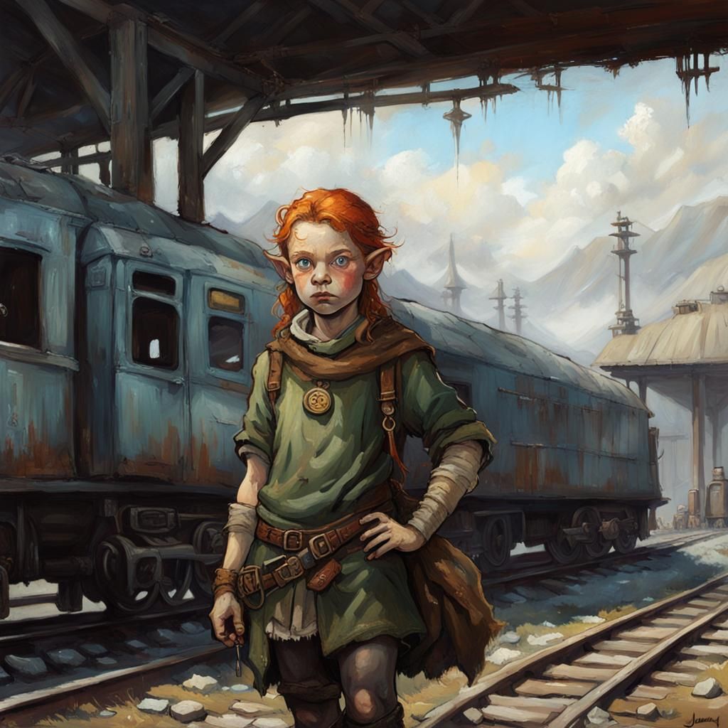 Halfling Elf Druid in Post-Apocalyptic Railyard