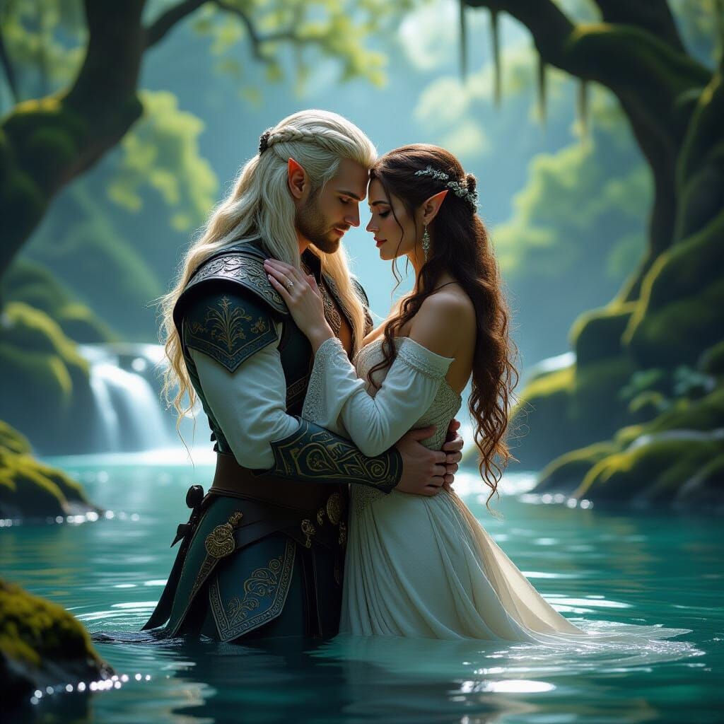Elven Couple's Passionate Embrace in Enchanted Glade
