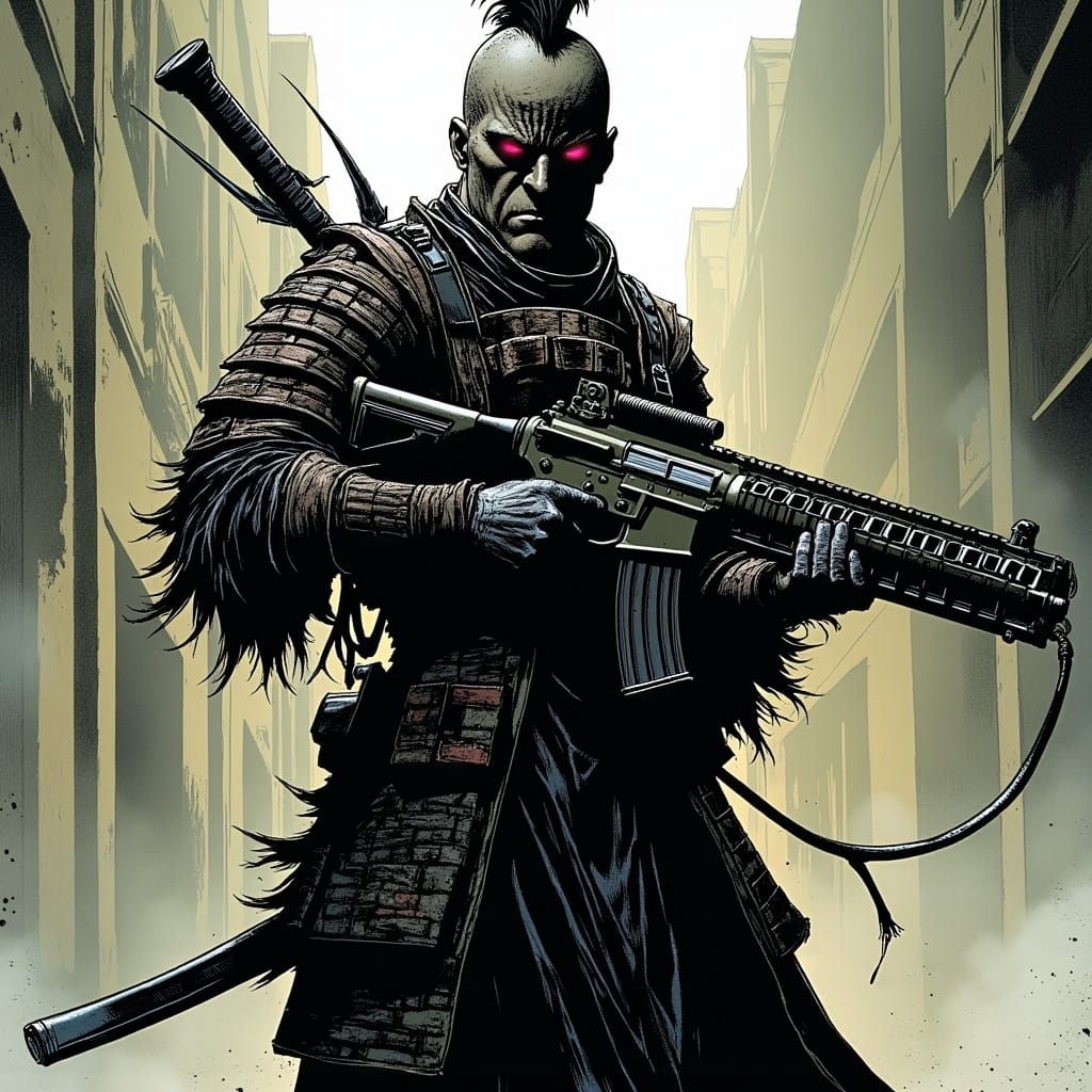 Cyberpunk Samurai with Tanegashima Rifle in Comic Style