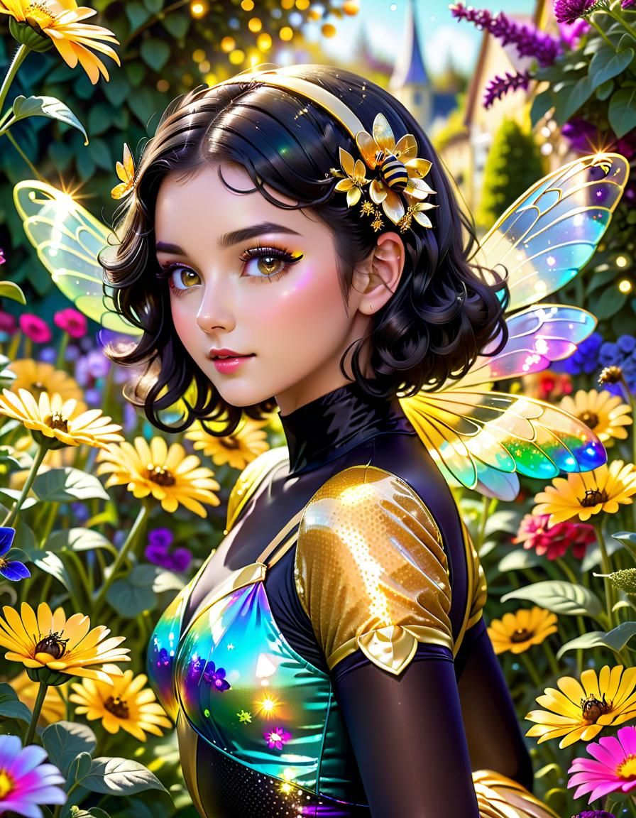 Honeybee Woman in Flower Garden: Art Nouveau Illustration