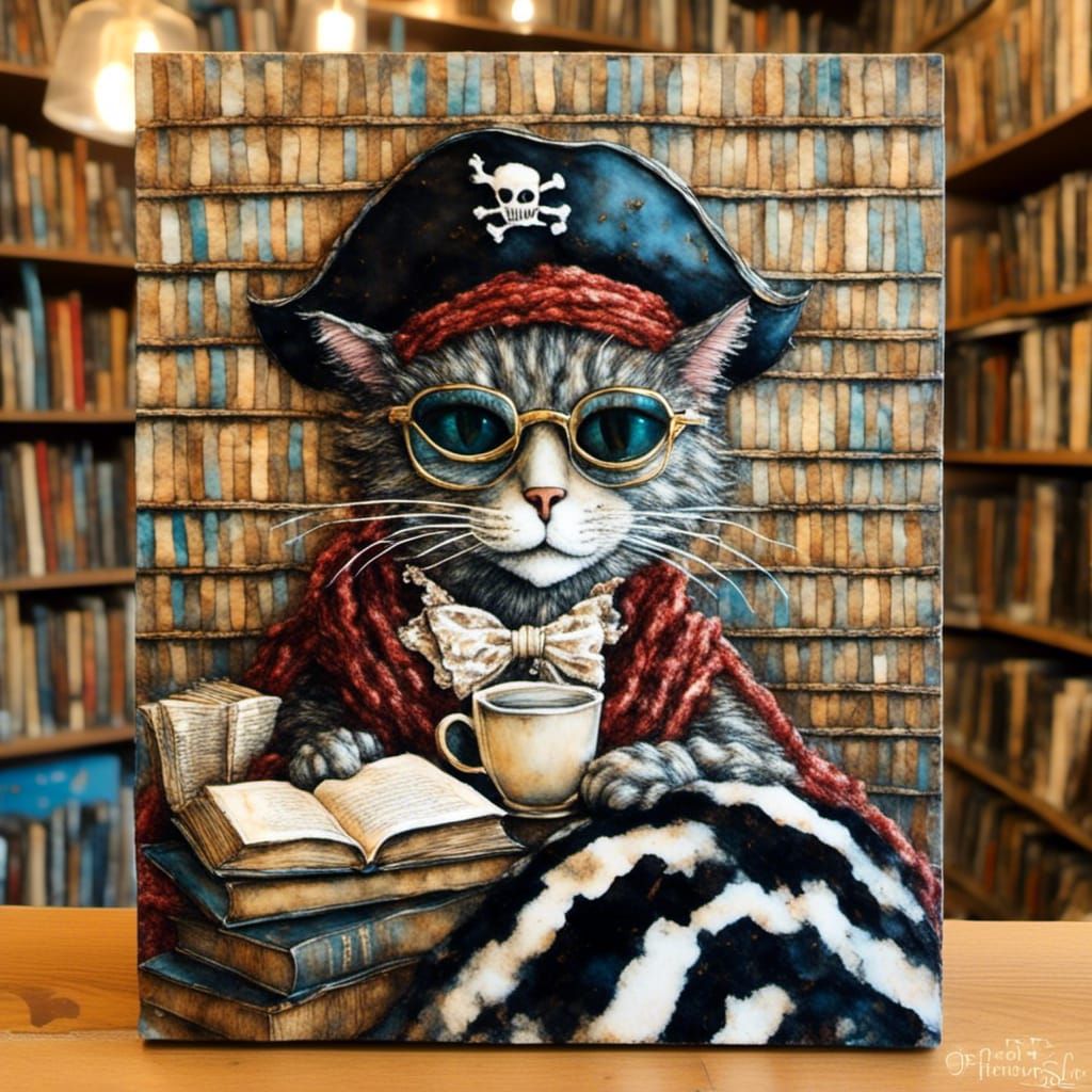 Pirate Cat Sipping Coffee: Encaustic Art