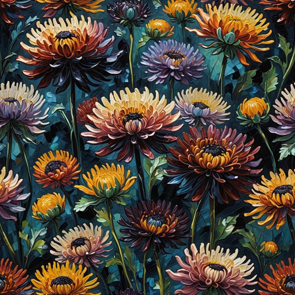 Black Glass Chrysanthemum in Expressionist Impasto Style