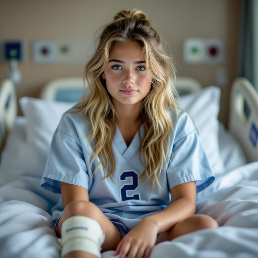 Soccer Captain Recovers in Hospital Bed with Knee Brace
