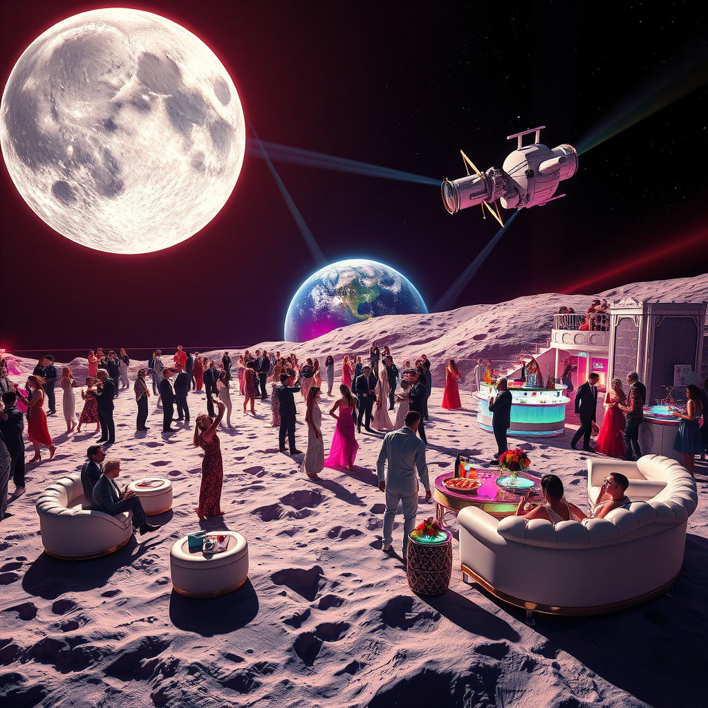 Lunar Rave: Astronauts Party Under Holographic Lights