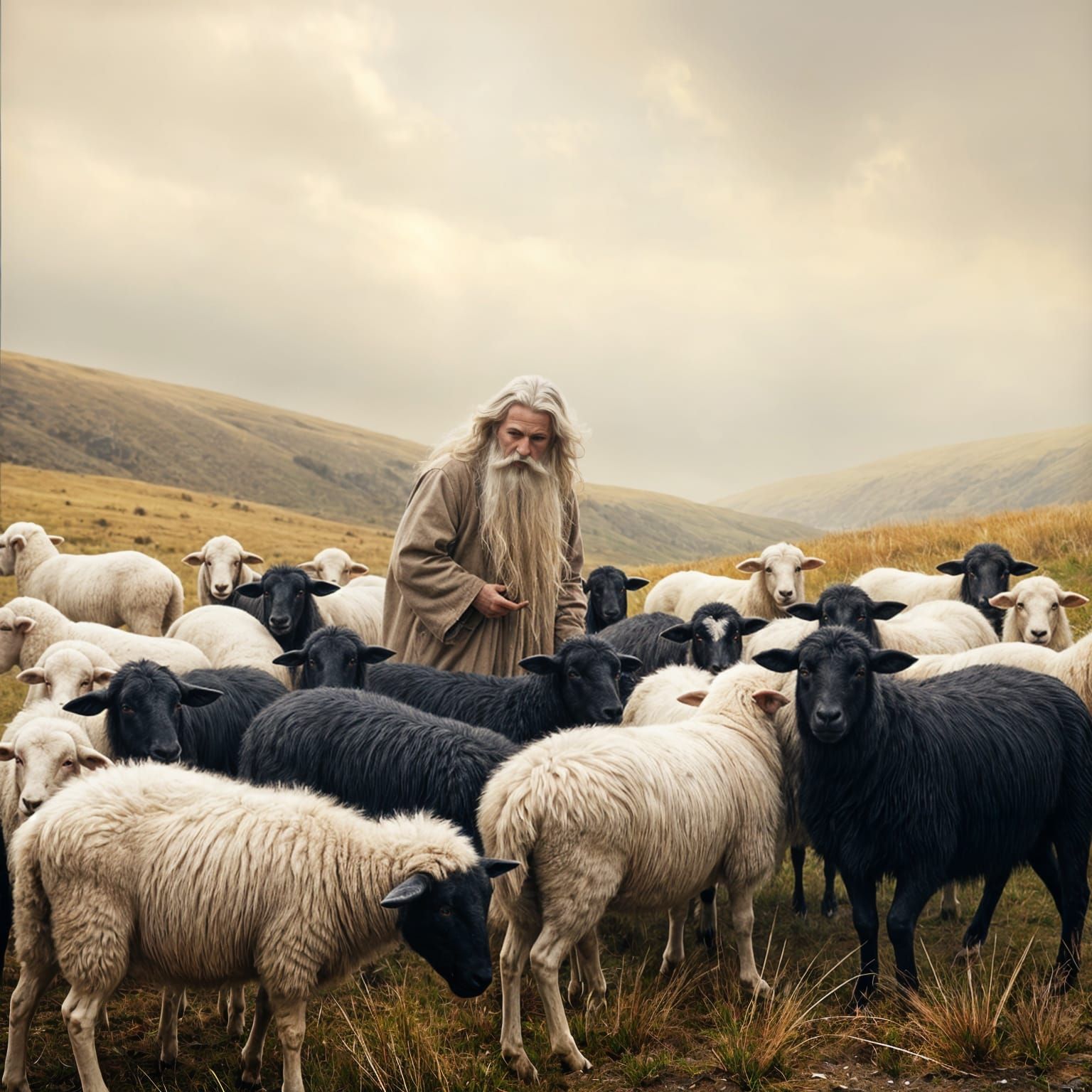 Shepherd Leads Flock in Dreamlike Landscape