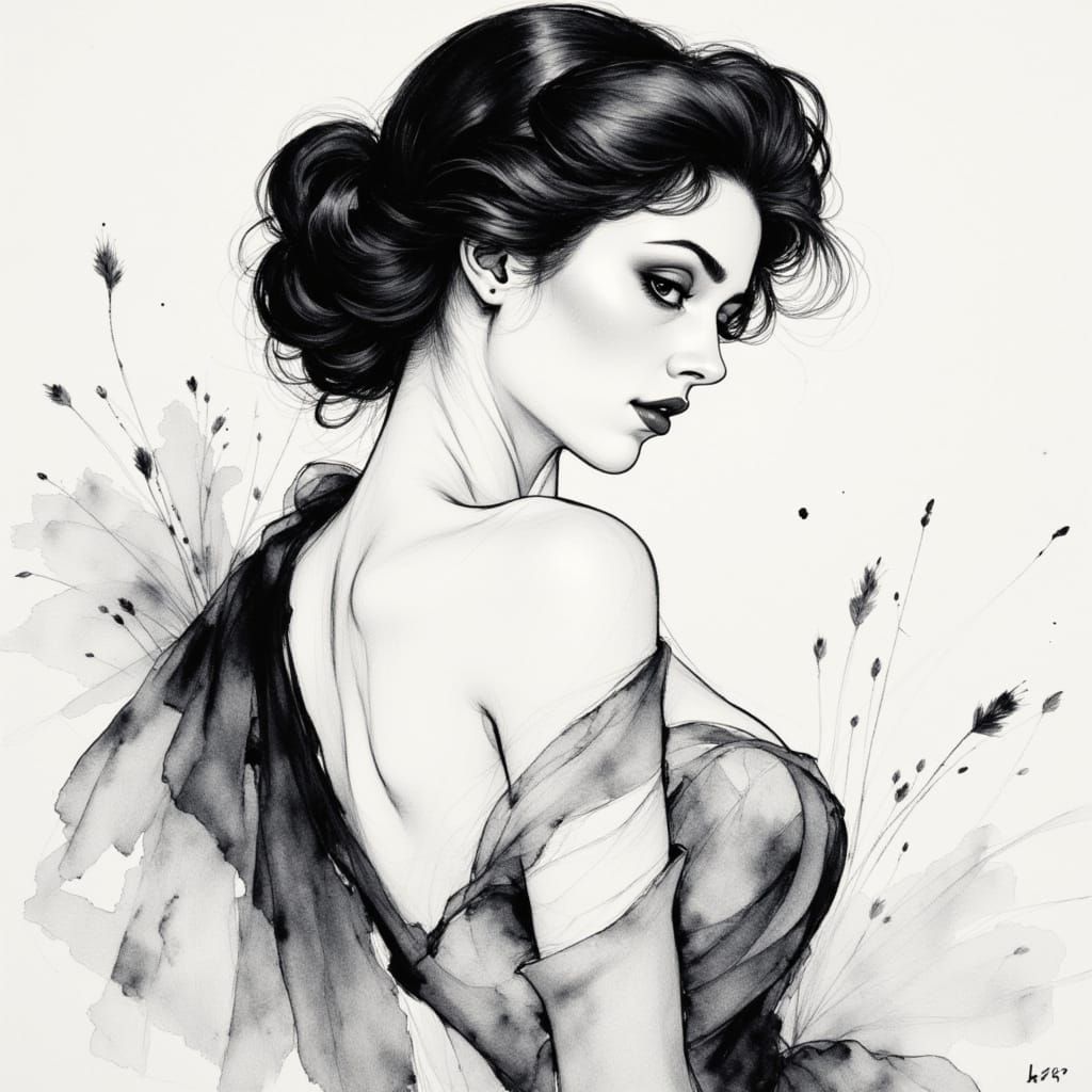 Elegant Ink and Wash Portrait of a Woman's Profile