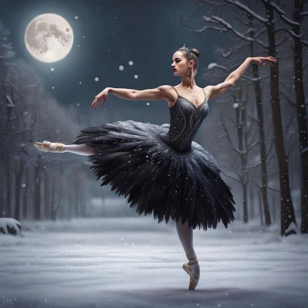 Black Swan Ballet Under Moonlight in Gouache Style