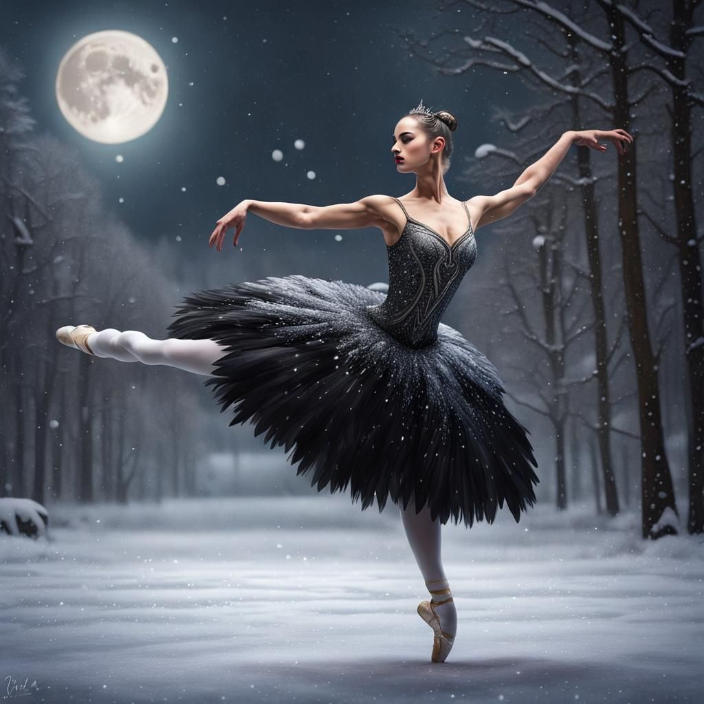 Black Swan Ballet Under Moonlight in Gouache Style
