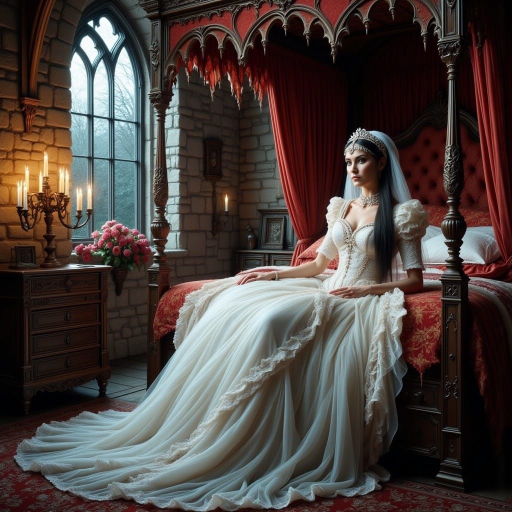 Gothic Woman in White Gown in Medieval Chamber