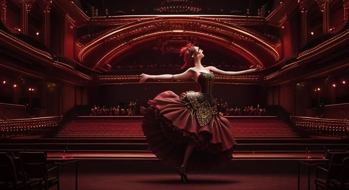 dancing Balarina made of red glowing glass at night the Oper...