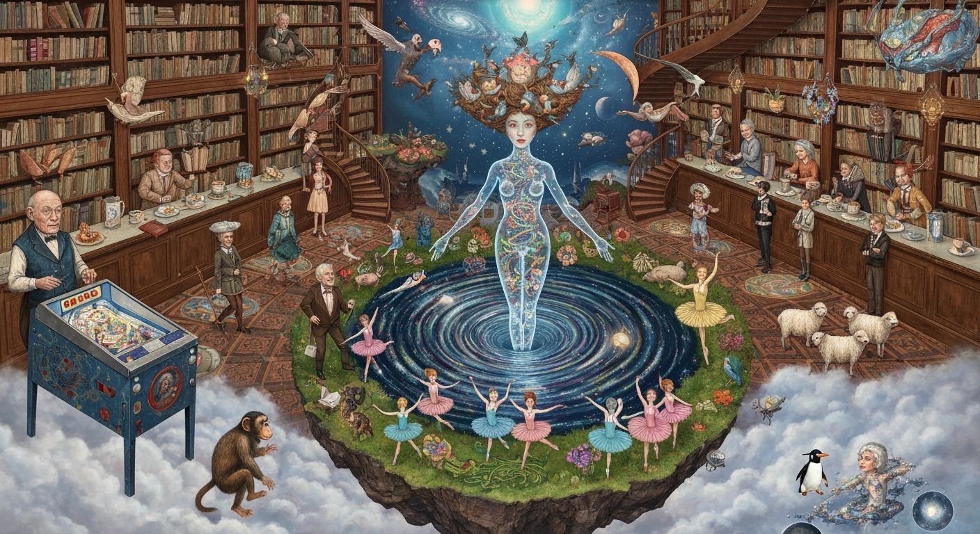 Surreal Tea Party in a Cosmic Library