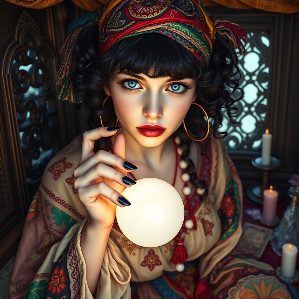 Mystical Gypsy Woman in Whimsical, Dreamlike Setting