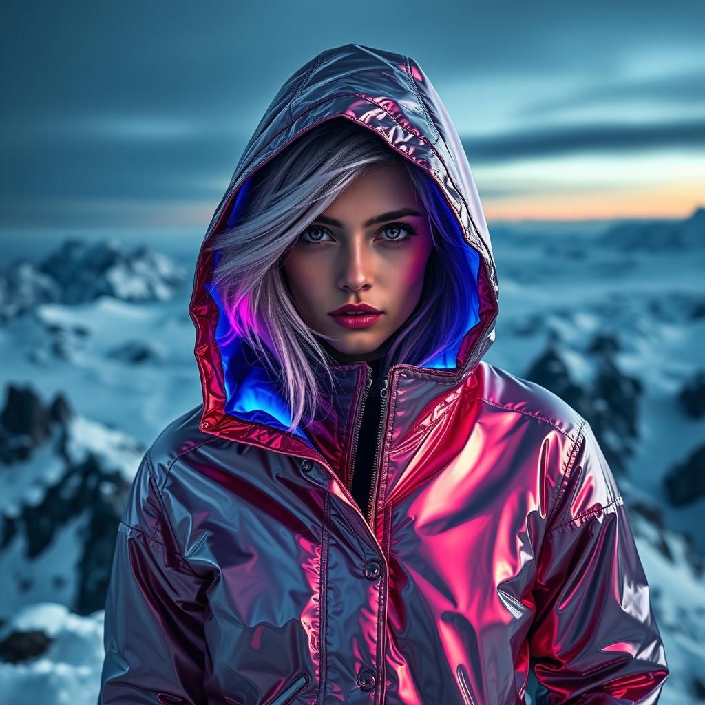 Enigmatic Figure on Snowy Peak in Futuristic Style