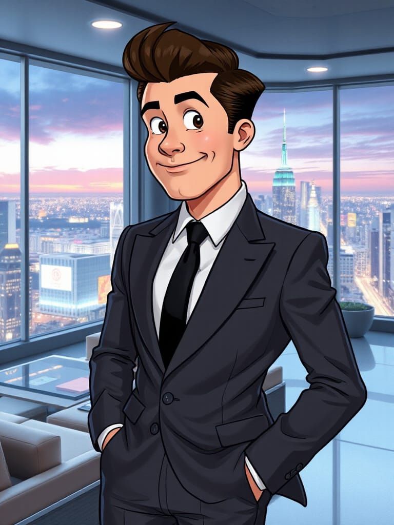 Futuristic Businessman in High-Tech Living Room with Panoram...