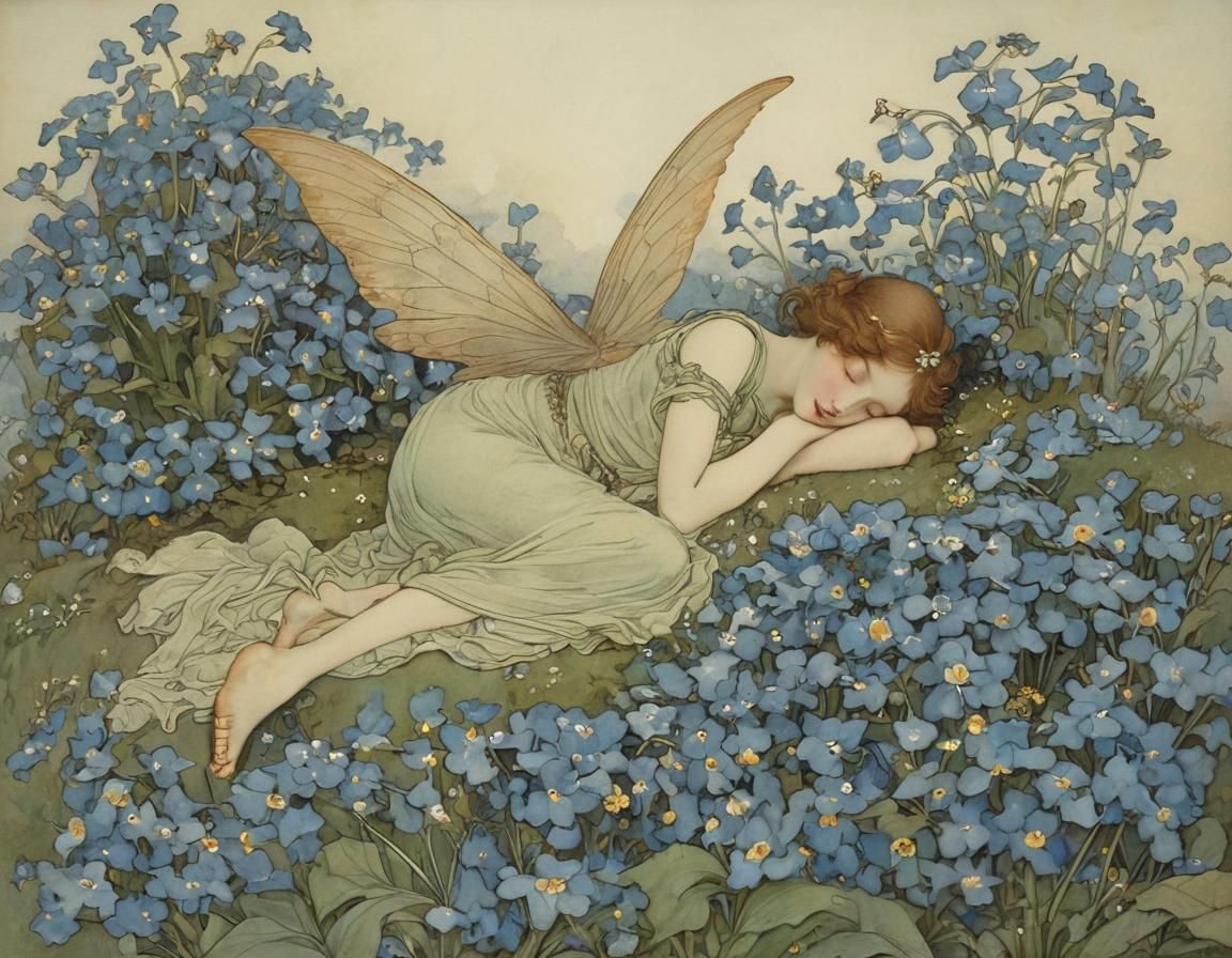 Fairy Sleeping Among Forget-me-nots in Storybook Style