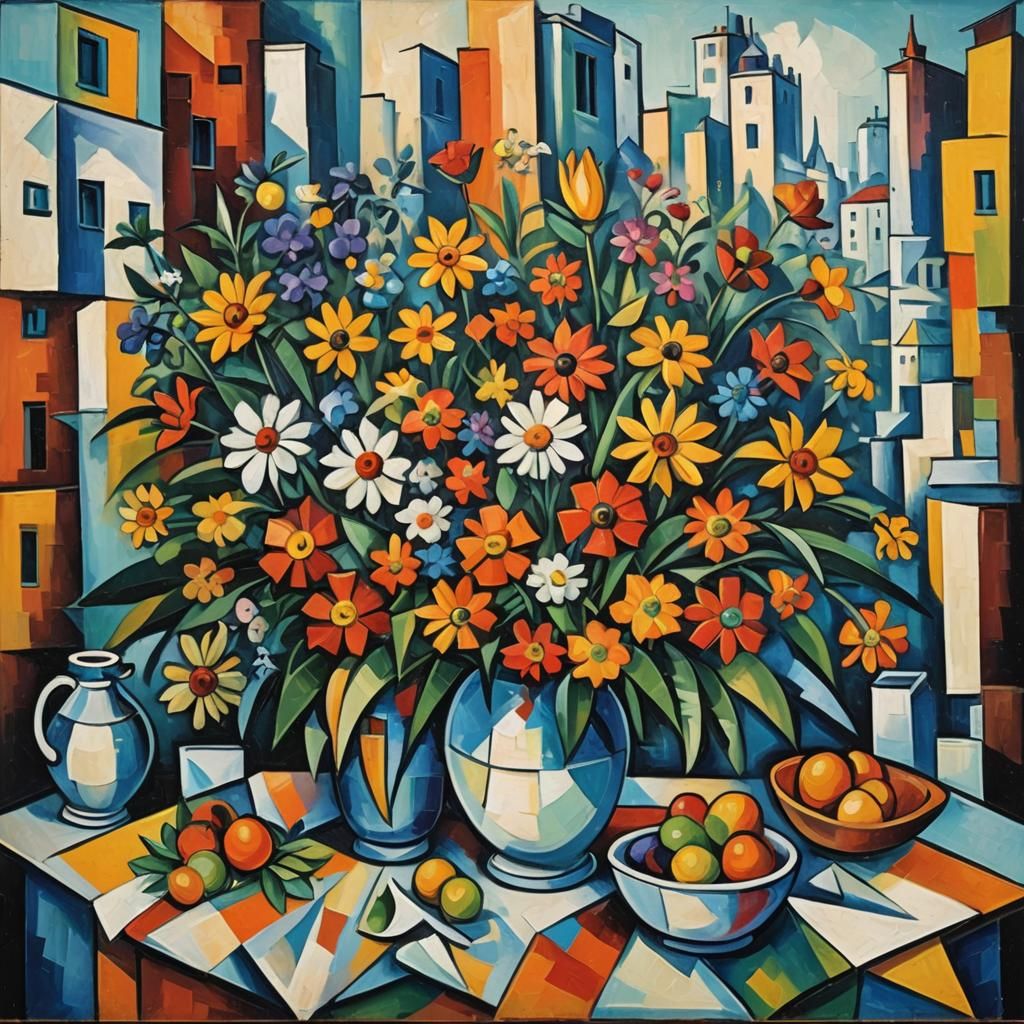 Cubist Still Life with Geometric Flowers in Fauvist Style
