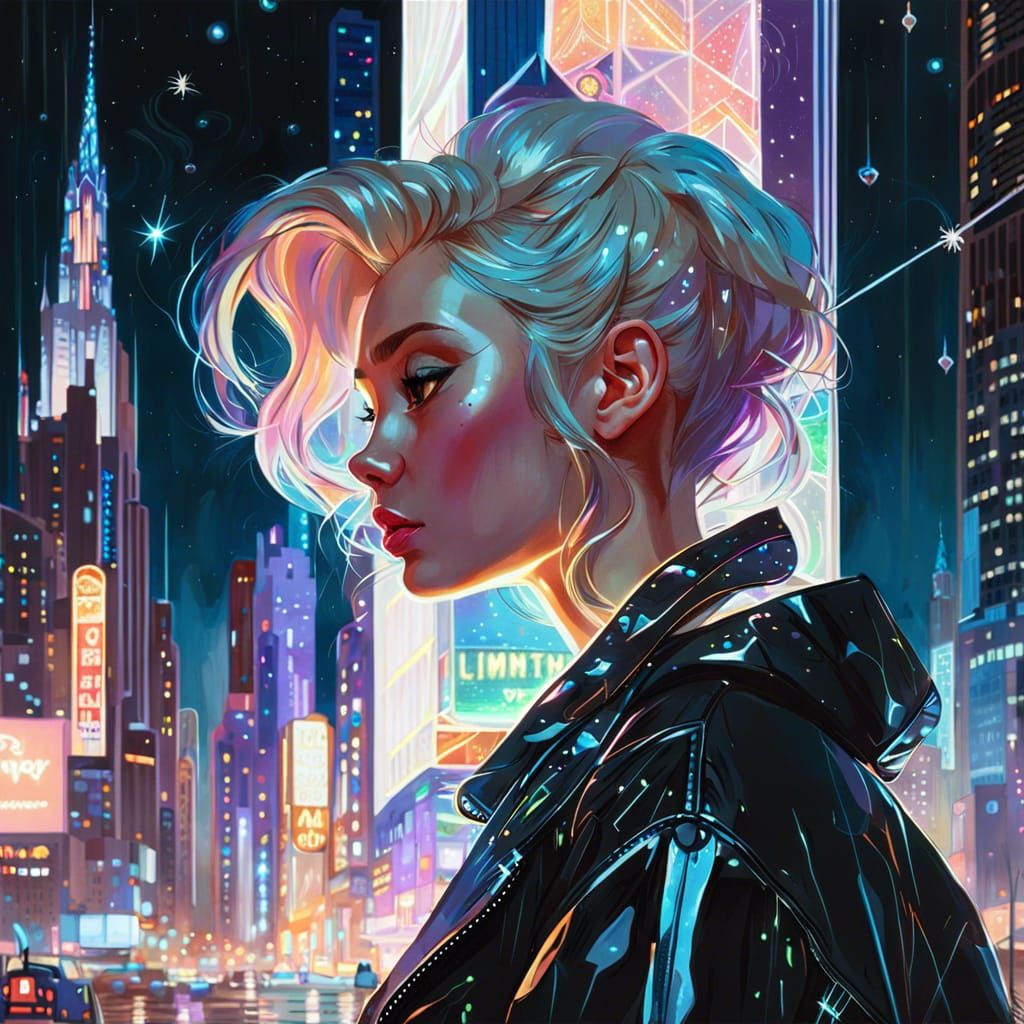 Crystal Nighttime Cityscape with Neon Lights