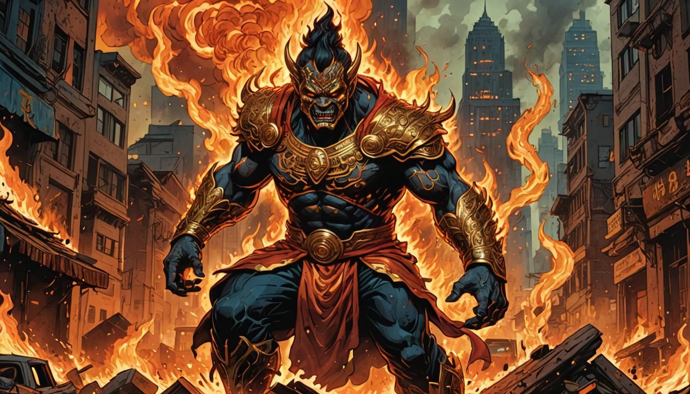 God Defies Heaven in Burning City: Comic Book Art