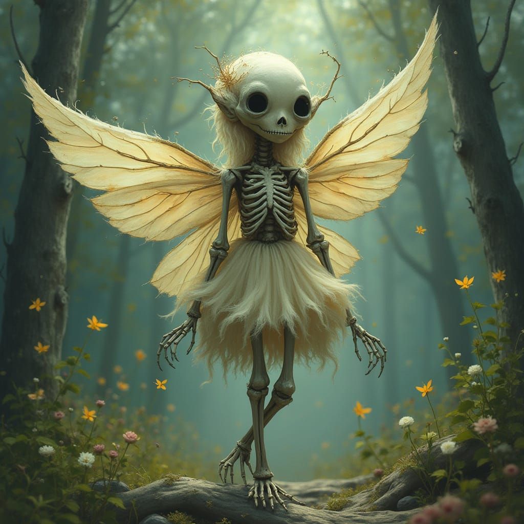 Ethereal Skeleton Fairy in Fantasy Forest, Digital Art