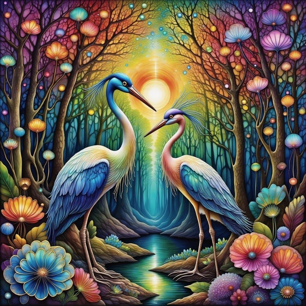 Dreamlike Herons in Vibrant Mangrove Fantasy