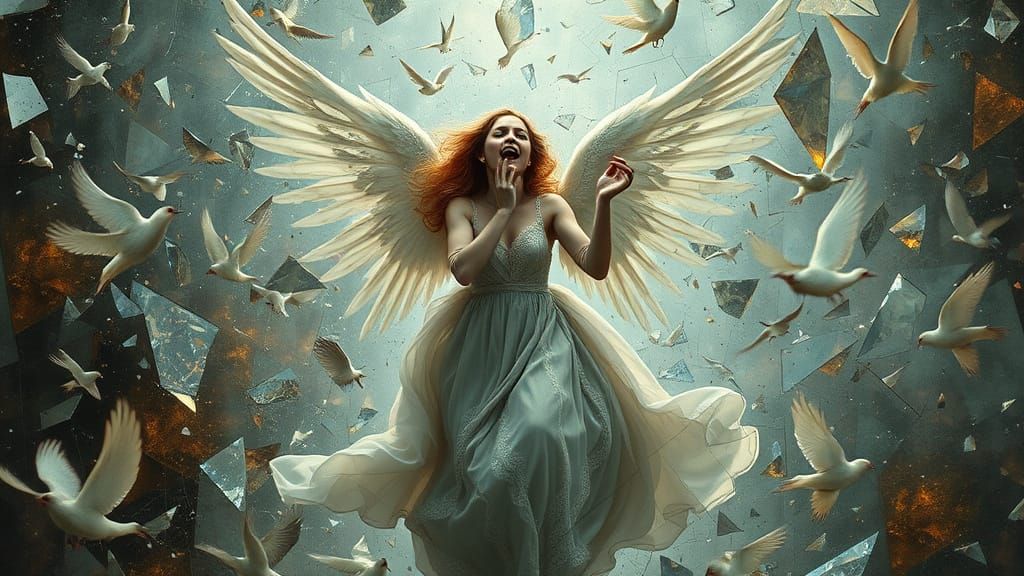Angel of Memories Shatters Mirrors in Haunting Surreal Scene