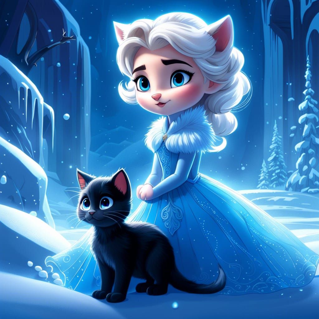 Elsa as Kitten in Snowy Castle, Anime Style