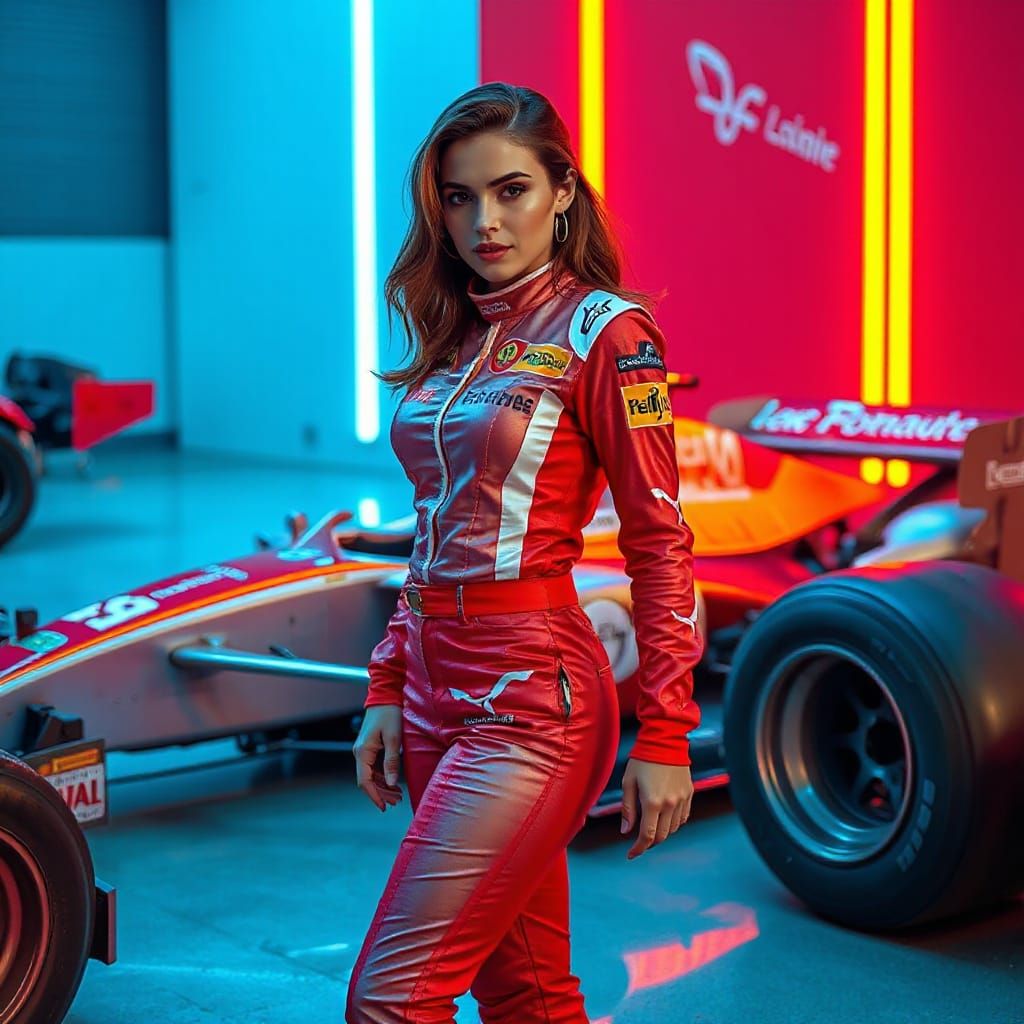 Futuristic Woman and F1 Car in Neon Style