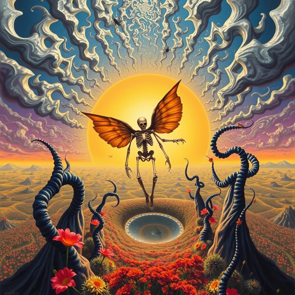 Surreal Landscape with Elastic Flora and Winged Skeleton