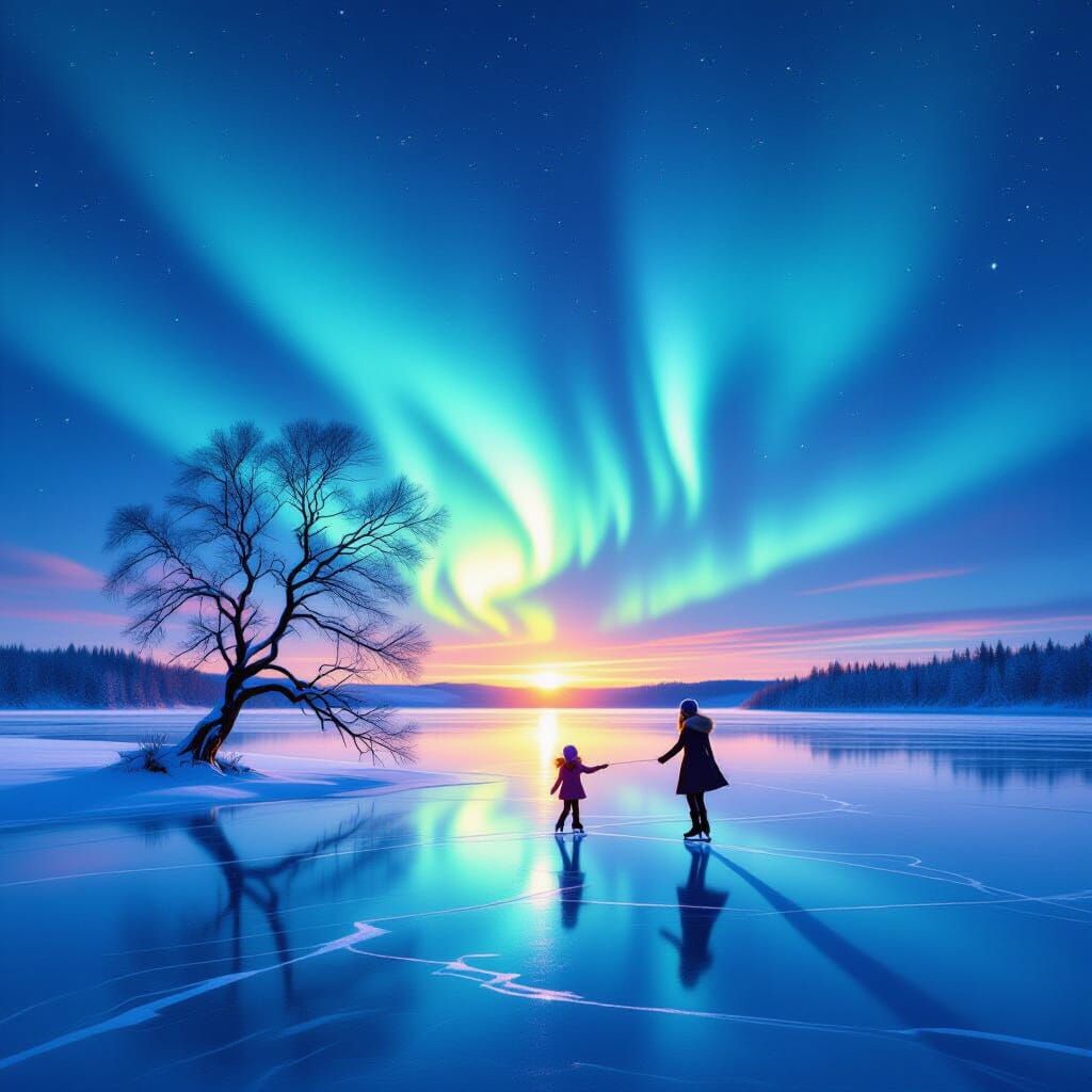 Mother Daughter Ice Skating Under Vivid Aurora Borealis