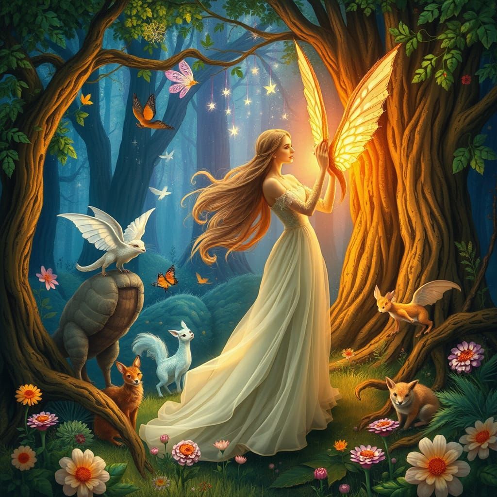 Radiant Woman in Magical Forest, Fantasy Art