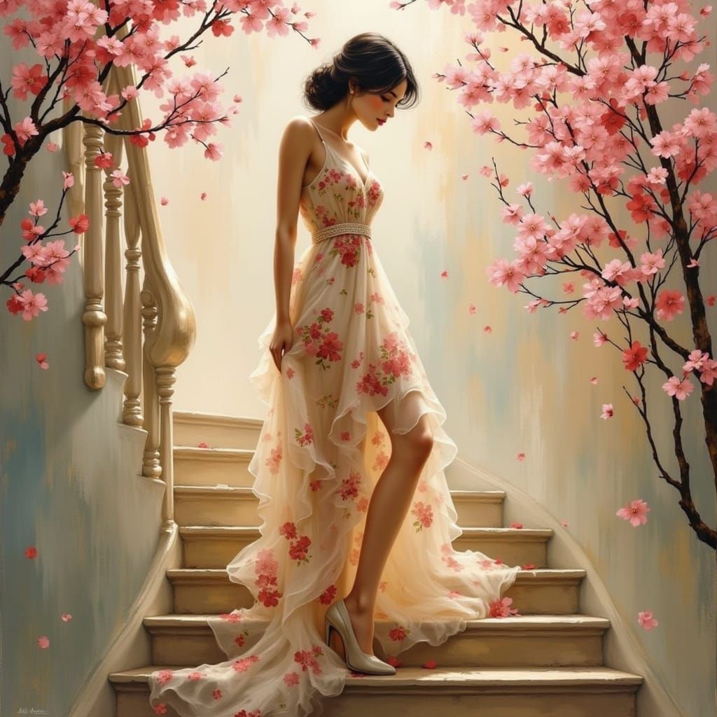 Elegant Woman Descending Stairs in Impressionist Style