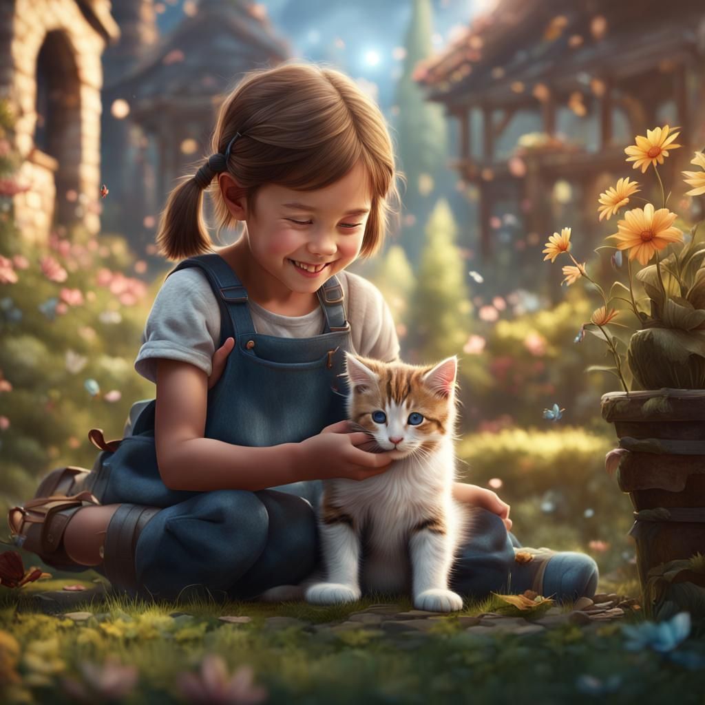 Girl with Kitten: Detailed Fantasy Art
