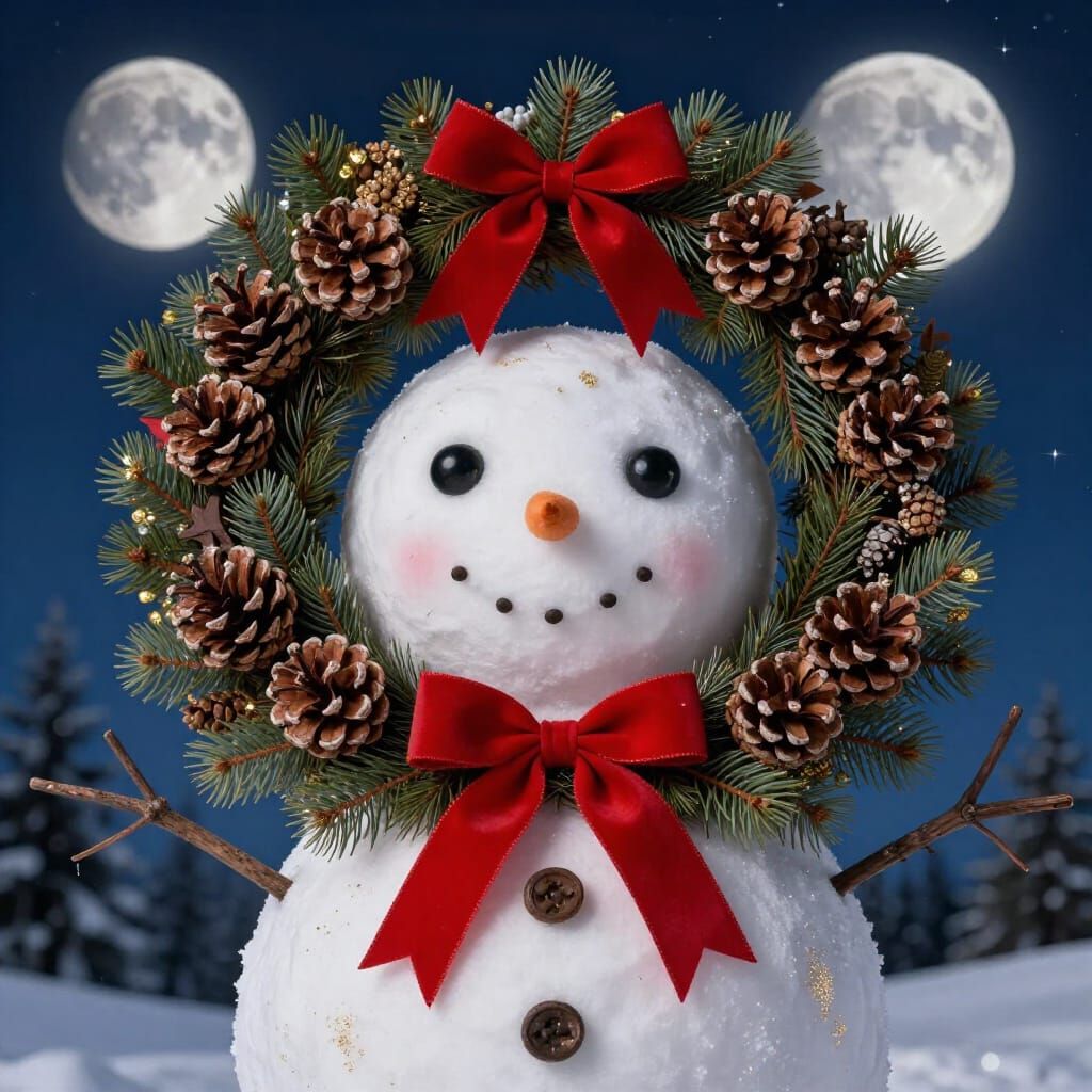 Snowman with Christmas Wreath in Ethereal Twilight