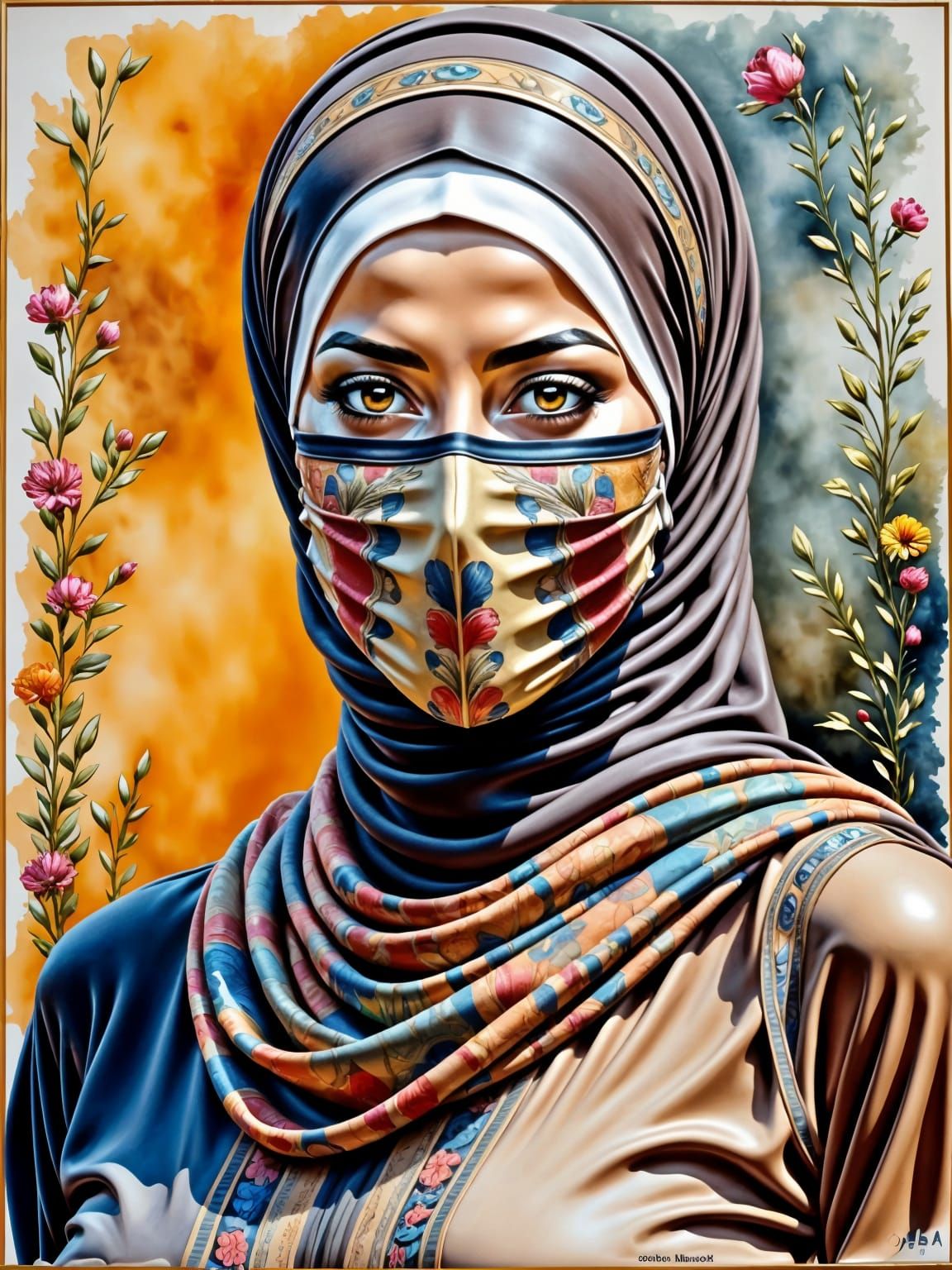 Beautiful Woman in Hijab, Oil-Guache Melting Painting Style