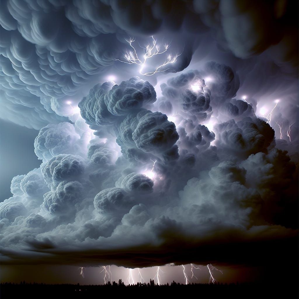 Cotton ball storm clouds with lightning inside lighting the interior of the clouds.