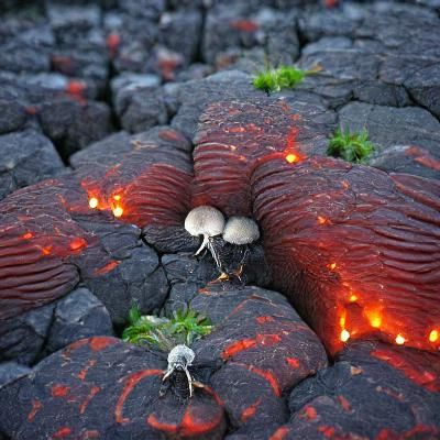 Bioluminescent Mushrooms Growing in Lava