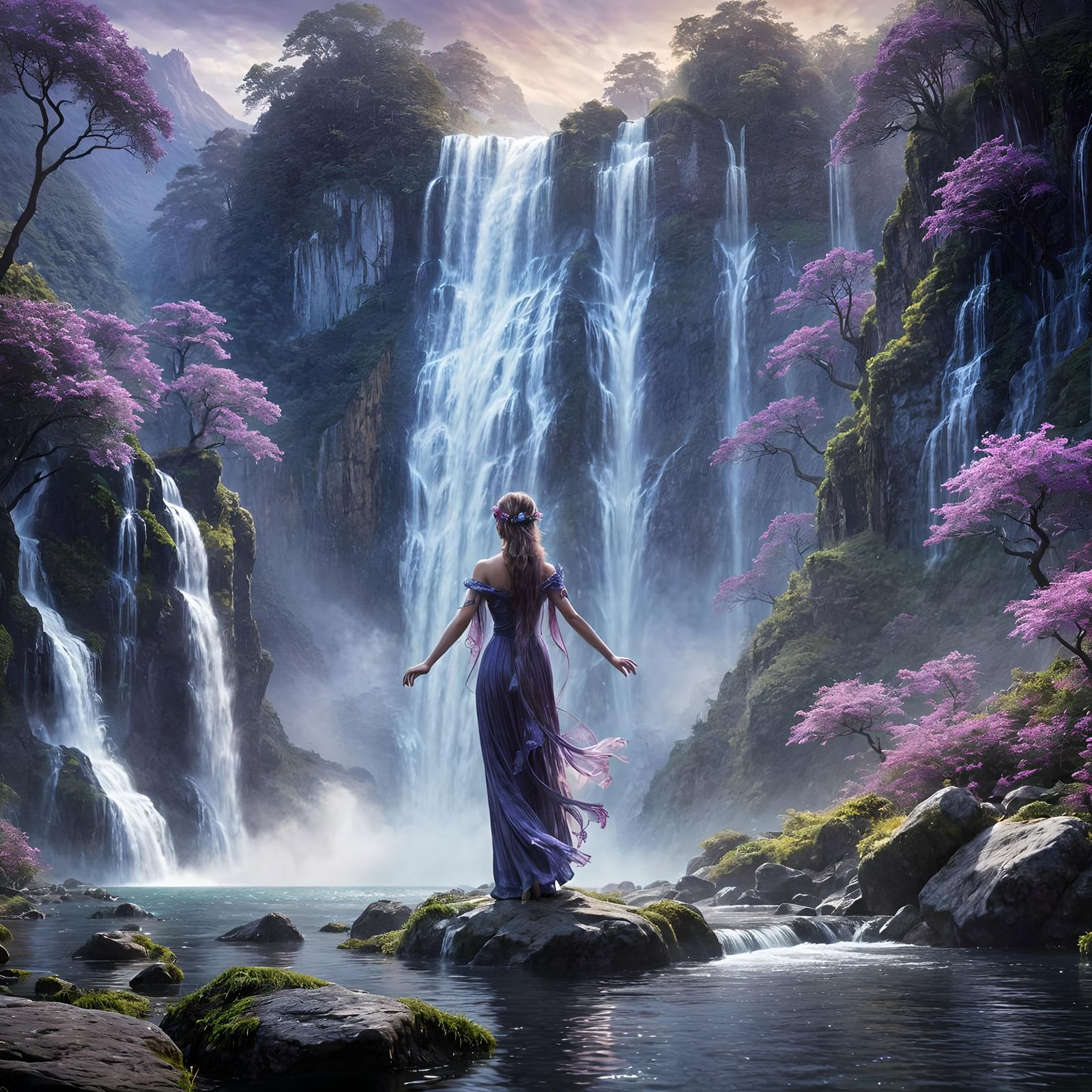 Psychedelic Waterfall Digital Painting with Fey Figure