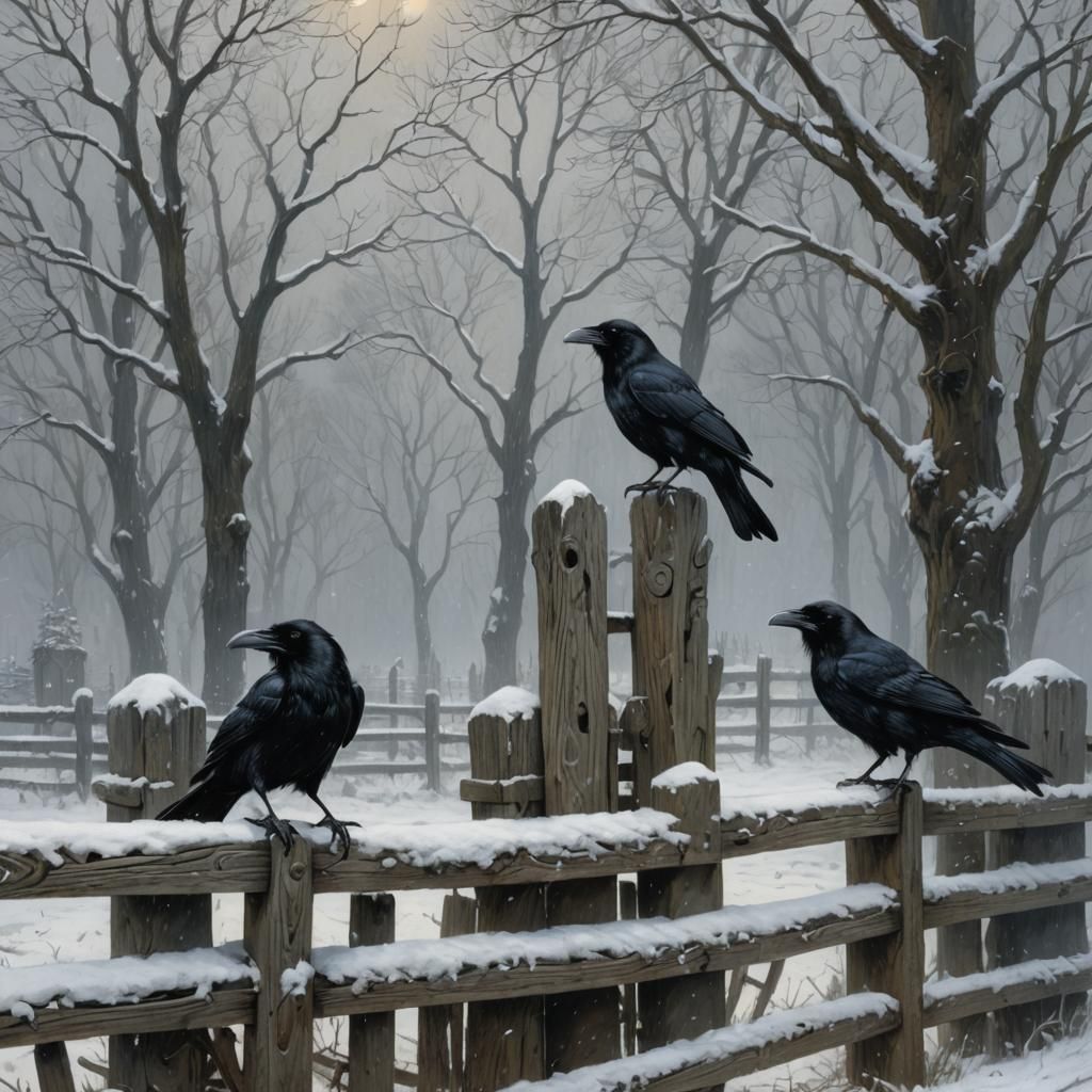 Eerie Ravens on Snowy Fence: Gothic Horror Art