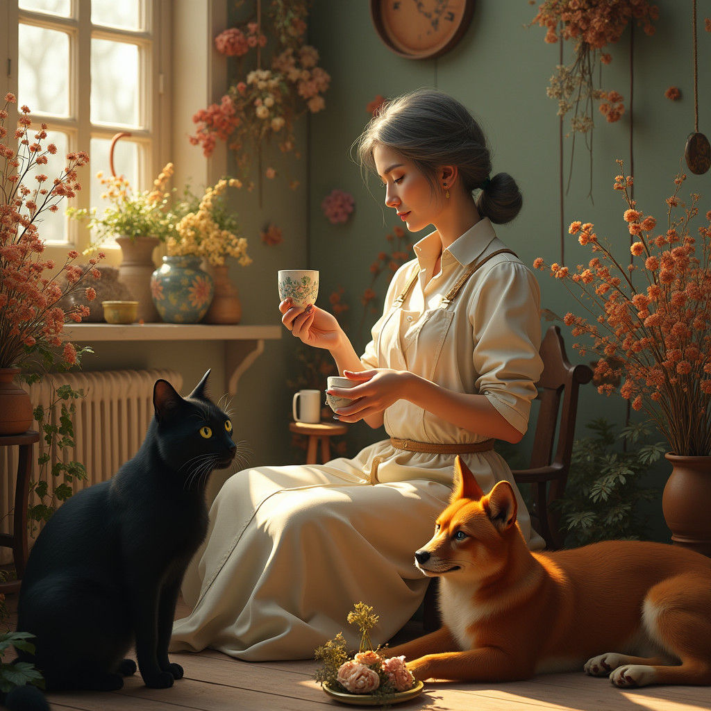 Florist's Serene Tea Time with Pets, Matte Painting Style