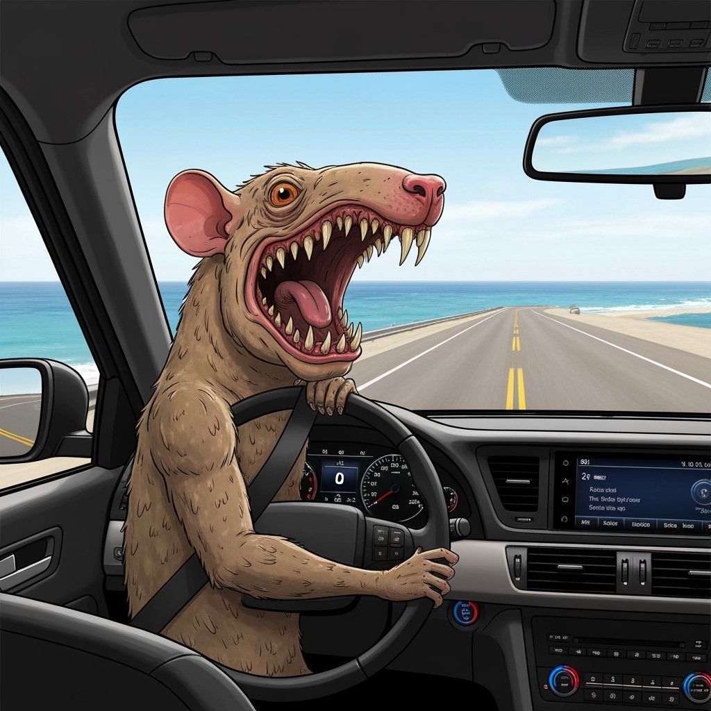 Rat Fink Monster Drives a Car on Coastal Route