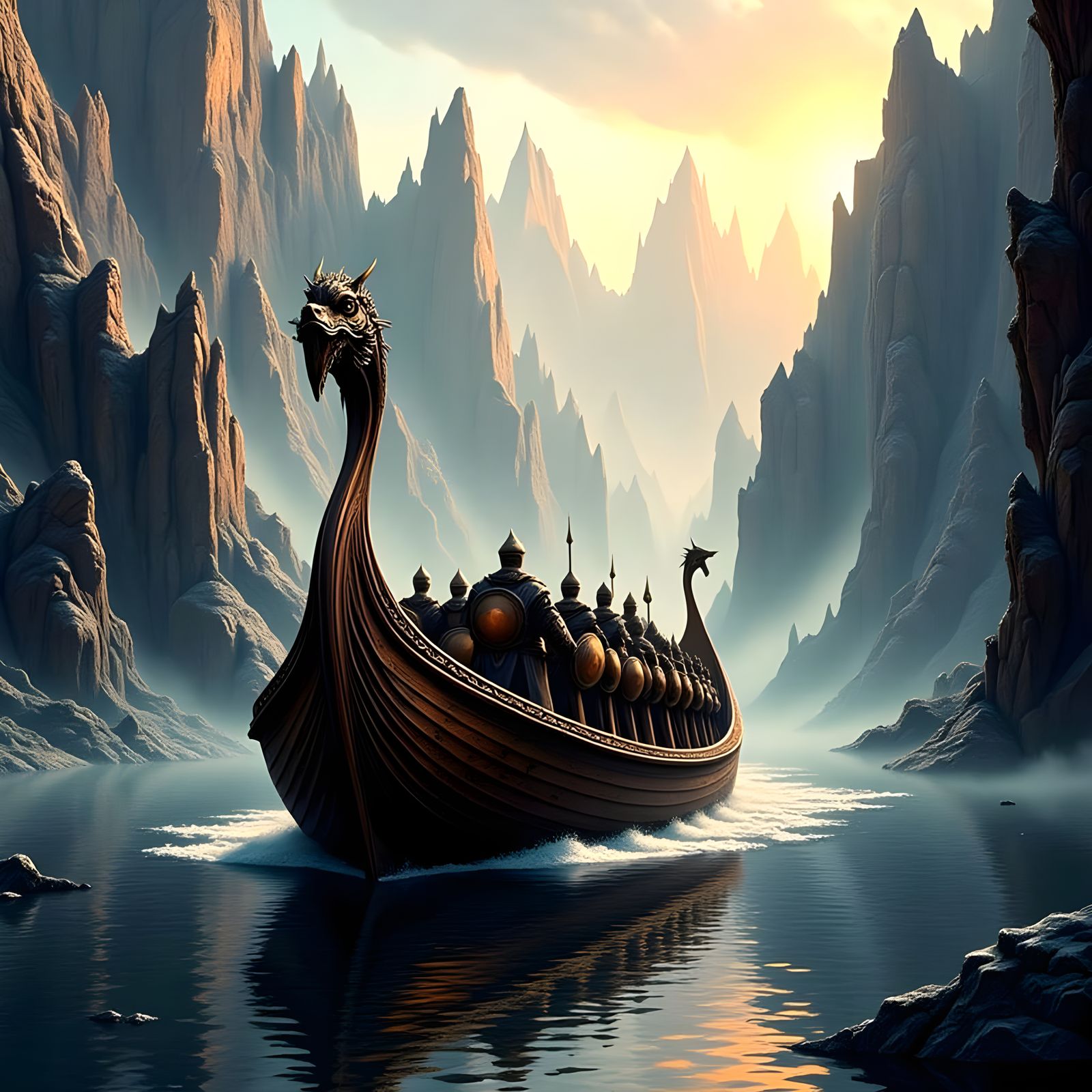 Viking Longship in Rocky Fjord: Epic Seascape